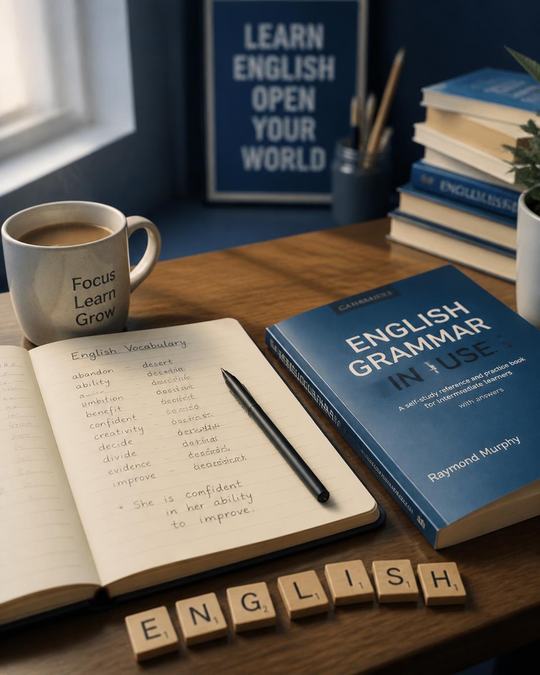 Cuaderno de vocabulario en inglés, libro de gramática y fichas con la palabra ENGLISH sobre un escritorio